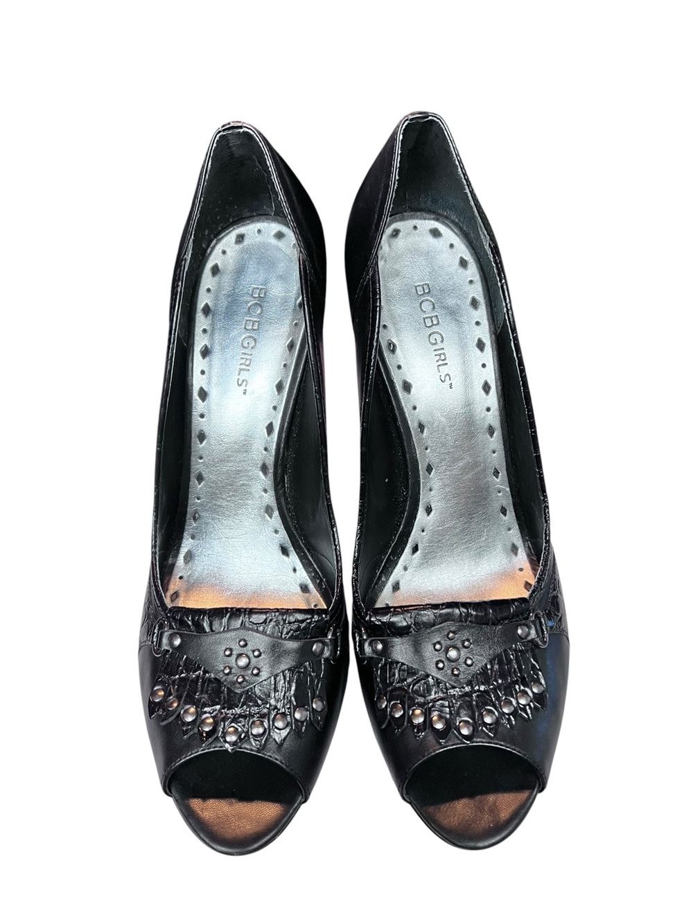 BCBGirls Black Peep Toe Stiletto Heels | Studded Embellished | Size 9.5B